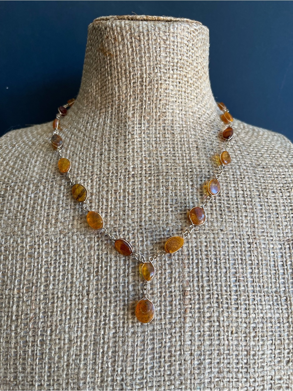 Vintage hand wire natural Amber Y Necklace.